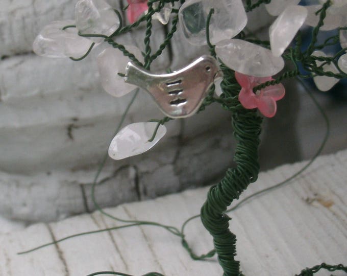 Miniature Rose Quartz Tree with 2 silver bird charms, has pink flower blossums, floral wire trunk and roots, fairy garden tree, about 5-6"