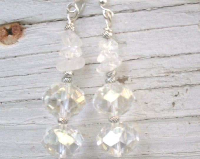 Crystal Earrings, faceted clear crystal 12mm rondelles and crystal quartz bead chips, on silver plated wires, classy, blingy earrings, OOAK