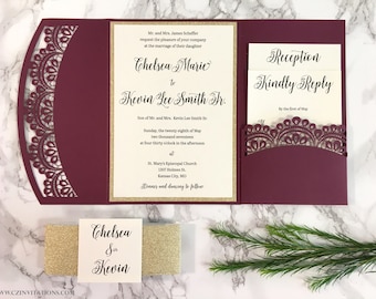 Burgundy and Gold Glitter Laser Cut Pocket Wedding Invitation, Marsala Invitation, Wine Invitation, laser invitation, Glitter invitation