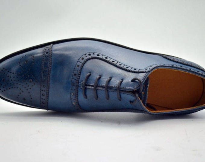 Handmade Goodyear welted Men's Oxford Shoes,Blue Leather