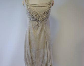 18989 Ecru Off-Shoulder Transparent Waist Lace Dress