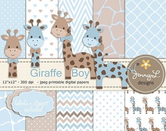 50% OFF Giraffe Boy Baby Blue Shower Digital Papers and Clipart, Boy Baptism, Dedication, Birthday, Baby Giraffe Clipart, Giraffe Print, Ani