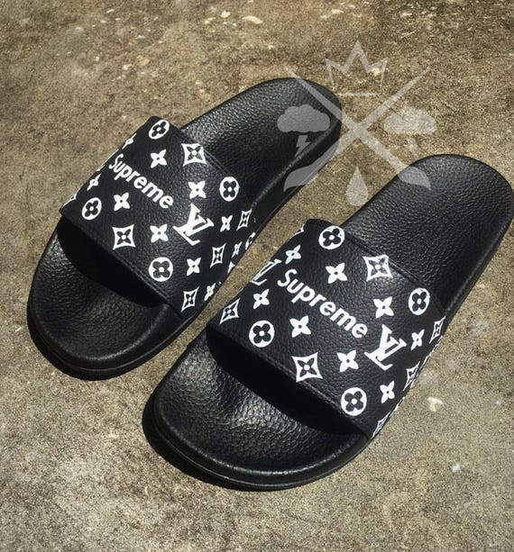 Black Supreme Louis Vuitton Luxury Designer Custom Slides