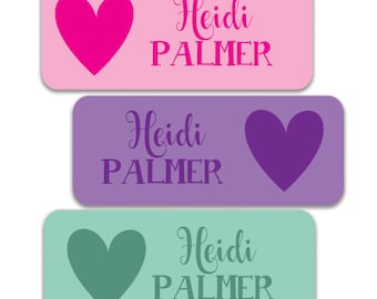 Personalized Waterproof Name Labels, Heart stickers, Girl Daycare School Labels, Pink, Mint, Purple