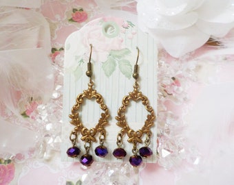 Victorian brass and Amethyst Crystal bead earrings