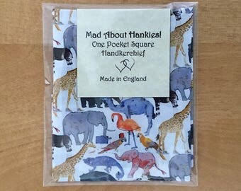 Ladies Hankie, Liberty Hankie, Liberty Handkerchief, Queue for the Zoo Fabric, Animals Hankie, Liberty Tana Lawn, 11"/28cm