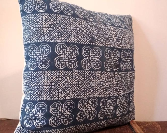 20"x20" Indigo Batik Pillow Cover / Hand Dyed Hmong Indigo Batik Pillow Cover / Ethnic Boho Hill Tribe Cotton Pillow