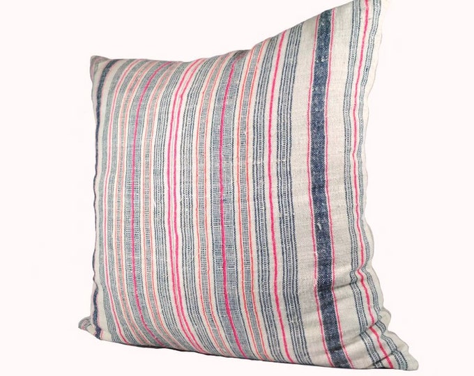 20"x20" Multi Stripes Hmong Hand Woven Hemp Pillow Cover, Vintage Organic Hill Tribal Textile Pillow Case, Bohemian Throw Pillow