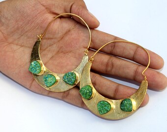 53x70 mm 22kt Gold Plated Titanium Green Druzy Crescent Hoop Earrings / Gemstone Earrings / Druzy Earrings