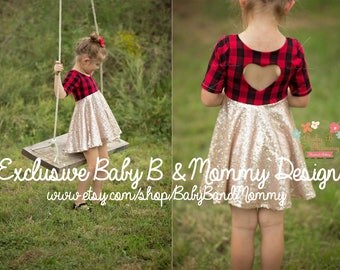 Girls Sequins Dress, valentines Dress, Party Dress, Plaid and Sequins Dress, Heart back dress, Birthday Dress, Sequins Skirt