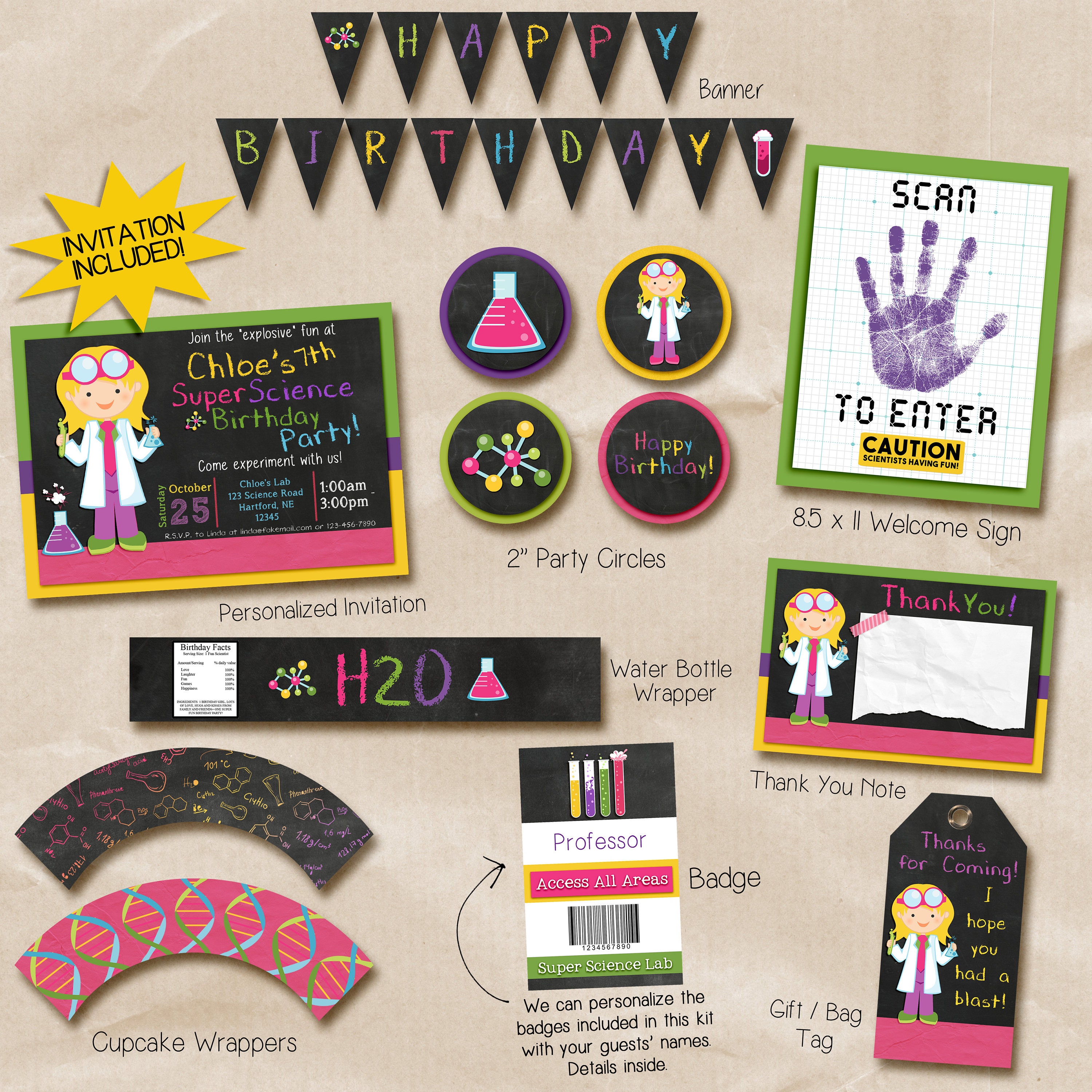 Girl science party invitation science printable decorations