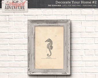 Seahorse Illustration, Printable Bathroom Wall Art, Instant Download Sea Life Home Decor, Digital Collage Sheet, Vintage Nautical Book Plate