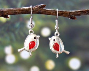 Robin Earrings - Robin Jewelry - Bird Earrings - Bird Jewelry - Silver Bird Earrings - Dangle Earrings - Cute Earrings - Red Robin Earrings