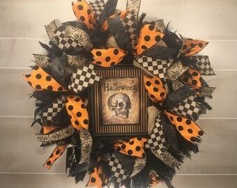Halloween Wreaths, Skull Wreath, Halloween Wreath, Primitive Halloween Wreath, Fall Wreath, Halloween Decor, Front Door Wreath, Halloween