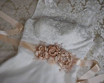 Wedding dress Sash, Champagne Sash, Bridal Sash, Bridal Belt, Wedding belt, Flower sash, Bridal Dress Belt, Bridal Flower Sash