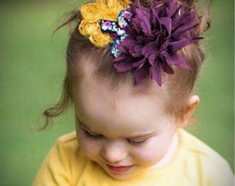 Fall Headband - Autumn Headband - Mustard Yellow, Deep Purple - Lace Headband - Shabby Flower Headband - Newborn, Child, Adult