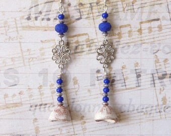 Ethnic Beaded Earrings, Oriental Earrings, Moroccan Earrings, Ceramic Bell, Hammered Metal Pendant, Boho Chic, Dangle Earrings