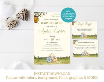 Winnie the Pooh Baby Shower Bundle, Pooh Baby Shower, Classic Pooh, Winnie Pooh Invite, Diaper Raffle, Bring a Book, INSTANT DOWNLOAD