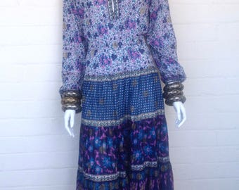 Vintage 70's Indian Boho Sheer Cotton Gauze Ethnic Floral Hippie Bohemian Festival Tent Midi DRESS