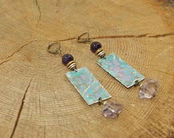 Earrings handcrafted, brass, Amethyst, gemstones