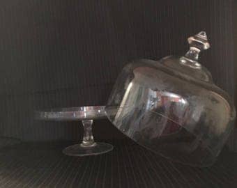 Large Vintage Glass Cake Plate/Stand Pedestal with Etched Glass Dome