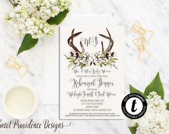 Rustic Rehearsal Dinner Invitation Suite /Rehearsal Invite Set/ Editable Wedding Invitation /Cotton Boll Antler Invitation/ Instant Download