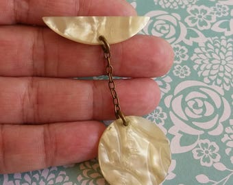 1950s Vintage Faux Mother of Pearl Moon Drop Brooch - Early Plastic - Crescent and Full Moon