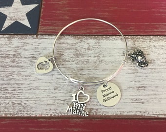 USMC Proud Marine Girlfriend United States Marine Stainless Steel Silver Plated Bangle Charm Bracelet Military Jewelry