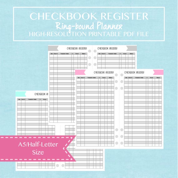 A5 Half Letter Size Checkbook Register Printable Planner