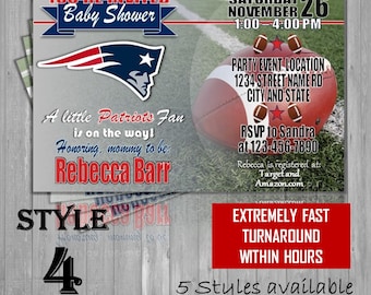 New England Patriots Super Bowl Themed Football Baby Shower Invitations - champions! Postcard invites! New Mom, expecting, party, NFL