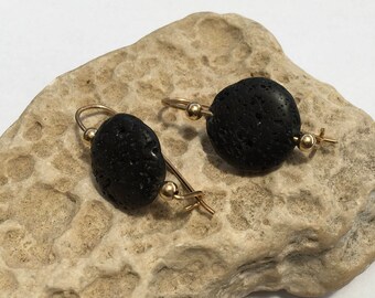 Gold earrings, Black lava earrings, Black earrings, Goldfilled earrings, Lava earrings, Lava gemstone, Dangle earrings, Round earrings,