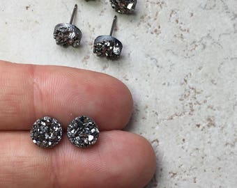 Tiny Gray Druzy Earrings, 8mm Round Druzy Earrings, Metallic Glitter Faux Drusy Posts Glittering Gunmetal Gray Stainless Steel Studs