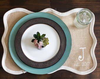 Last Name Established Wedding Gift, Rustic Table Decorations, Unique Wedding Gifts for Couple, Natural Burlap Decor, Rustic Placemat