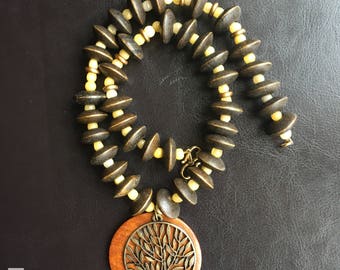 Wooden beads necklace with a striking treet of life pendant -Anya 12