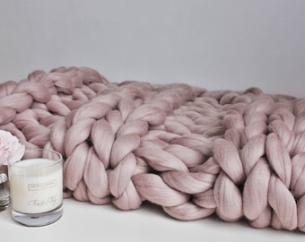 Giant Knit Blanket, Mink Knit Throw, Chunky Knit Throw, Blush Merino Blanket, Giant Knit Blanket, Pink Throw, Housewarming Gift, Wool Throw