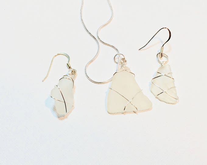 White Authentic Lake Michigan Beach Glass - Wire Wrapped silver artistic wire - For Her - Cute Necklace and Earring Set