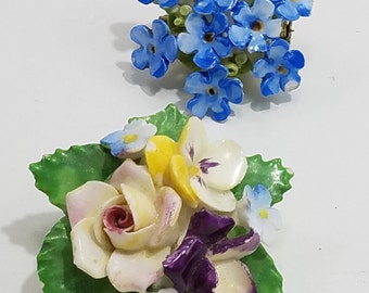 Pair of Beautiful Ceramic Floral Brooches from England