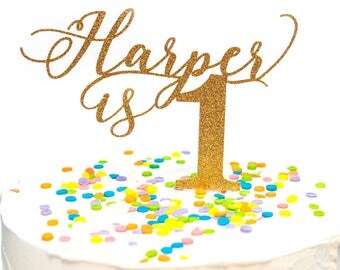 Personalized Name is One Delicate Cursive Glitter Cake Topper 1st Birthday Cake Topper Pink & Gold Birthday Party First Birthday Cake Topper