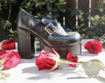 vtg 90s minimalist goth lolita platform Oxford chunky heel shoes 8