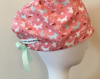 NattyScrubs Pink, White, and Teal Foxes Scrub Hat, Scrub Cap, Surgical Cap