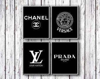 Wall Art Fashion Set, Louis Vuitton Print, Chanel Poster, Prada Wall Art, Versace Printable, Fashion Wall Art, Large Black Wall Art Decor