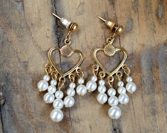 Heart Shaped Tassle Earrings with Vintage Pearls, Gold Coloured Heart Earrings, Chandelier Earrings, Gifts for Her, Wedding Gifts