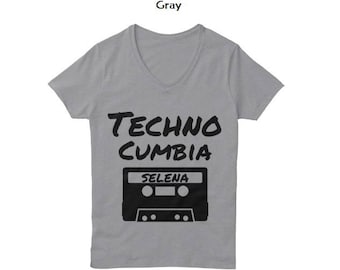 S - 2X V-Neck Women's Techno Cumbia T-Shirt Cute Selena Quintanilla Techno Cumbia Tee