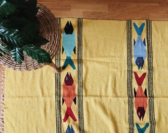 Large Native American yellow fish motif saltillo blanket | kids room rug | Mexican blanket | falsa blanket | children's room play room