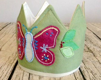 Embroidered Butterfly Crown, Kids Crown, Waldorf Crown, Birthday Crown, Play Crown, Dress Up Crown, Toddler Crown, Felt Crown, Fabric Crown