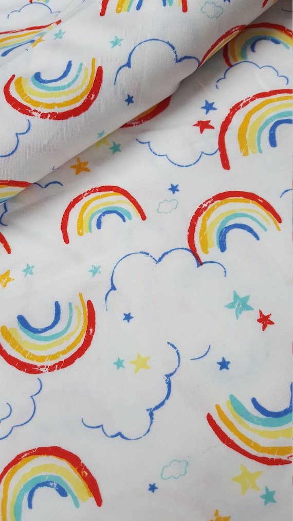 Rainbow Clouds Print Cotton Stretch Jersey knit Fabric Kids