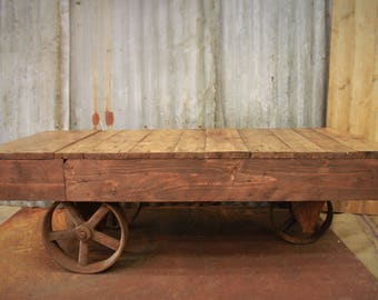 Reclaimed Wood Cart Coffee Table. Rustic Coffee Table
