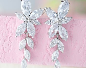 Bridal Flower Earrings Short Chandelier Earrings Crystal Wedding Earrings Bridal CZ Earrings Silver Zirconia Earrings Flower Bridal Jewelry