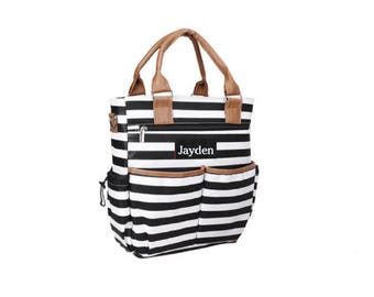 black and white striped diaper bag backpack