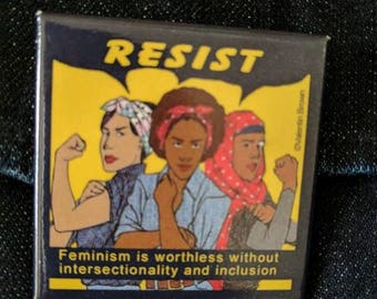 Multi-cultural Rosie the Riveter RESIST button